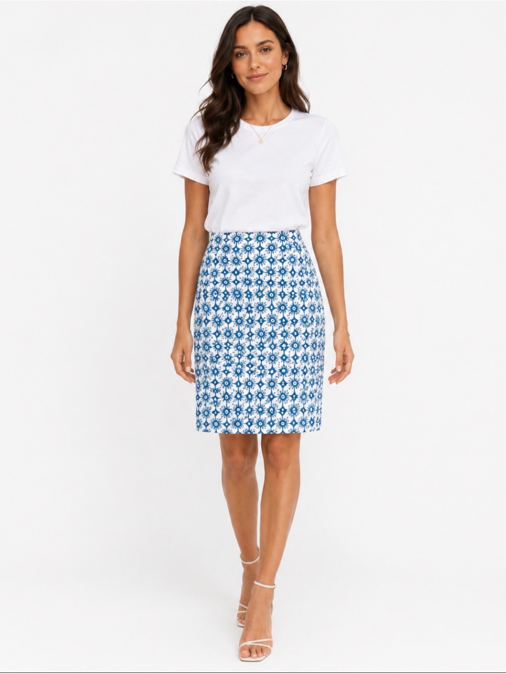 Talbots White and Turquoise Floral Eyelet Skirt 16